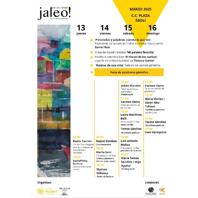 Radio XATA colabora en el Festival literario Jaleo, que llegará a Pinto de la mano de la asociación @variopintoescritores los días 13, 14, 15 y 16 de marzo en el CC @plazaeboli con la completísima programación que puedes ver en el cartel.

@cada.palabra.cuenta @urcmadrid @revistazigzag @ayuntamientopinto 

#jaleo #jaleofestival #pinto #pasenylean #festivalambulante #variopintoescritores #cadapalabracuenta