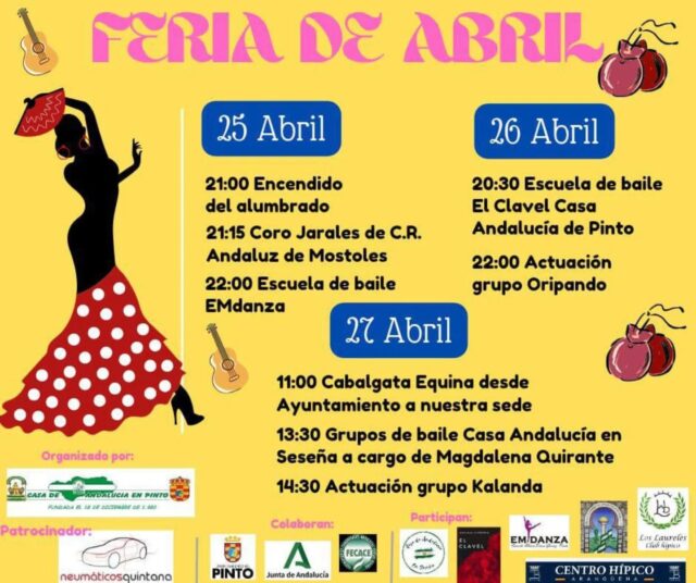 La Feria de Abril también llega a Pinto, de la mano de la @casandaluciapinto . Aquí os dejamos la programación completa.